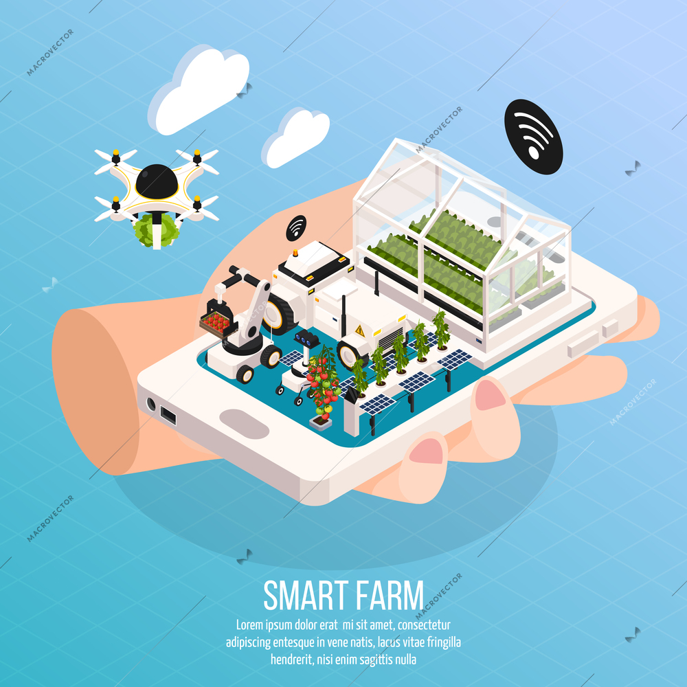 Smart farm on hand composition set with technology symbols isometric  vector illustration