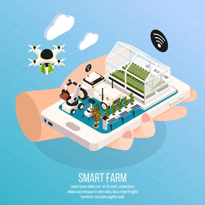 Smart farm on hand composition set with technology symbols isometric  vector illustration