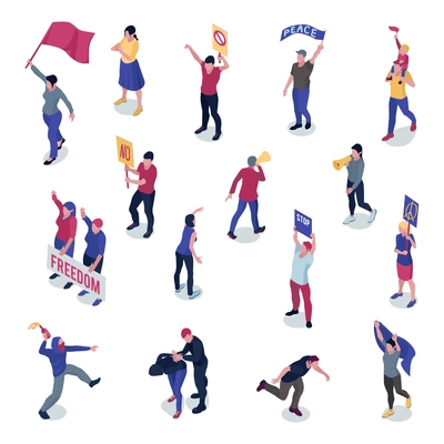 Protesting people with placards and flags during manifestation or picketing set of isometric icons isolated vector illustration