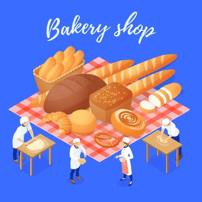 Bakery shop composition with flour products and staff during work on blue background isometric vector illustration