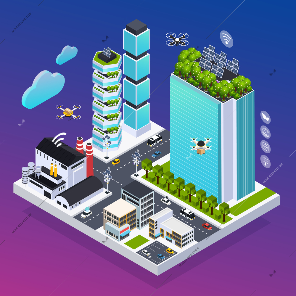 Smart city composition with eco technology symbols isometric vector illustration