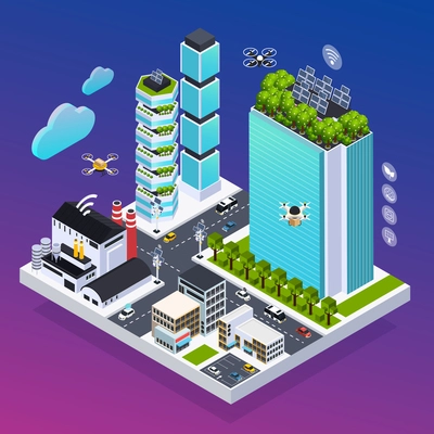 Smart city composition with eco technology symbols isometric vector illustration