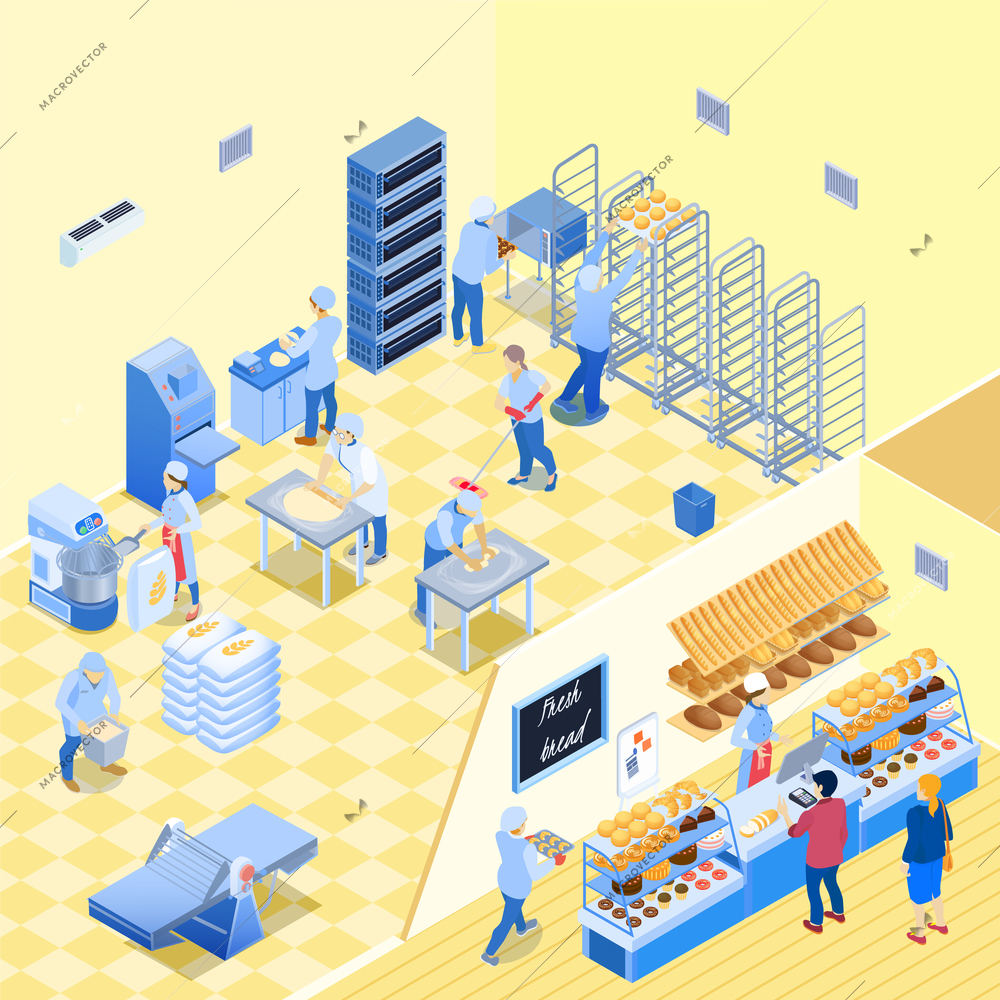 Bakery inside with staff during work and shop with bread pastry and customers isometric vector illustration