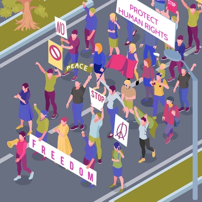 Protesting people with placards and flags during street procession in protection human rights isometric vector illustration