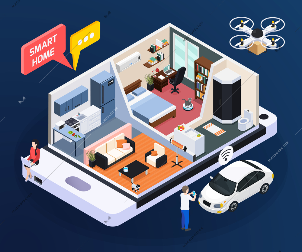 Smart home concept with room design and household symbols isometric vector illustration