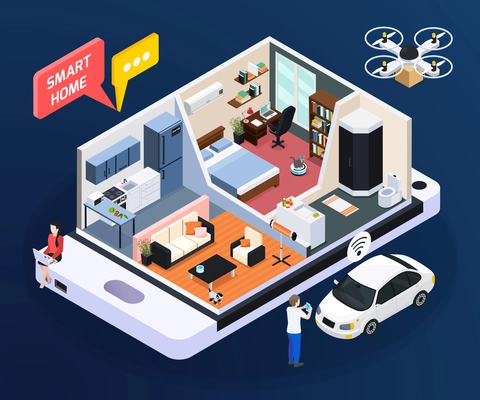 Smart home concept with room design and household symbols isometric vector illustration