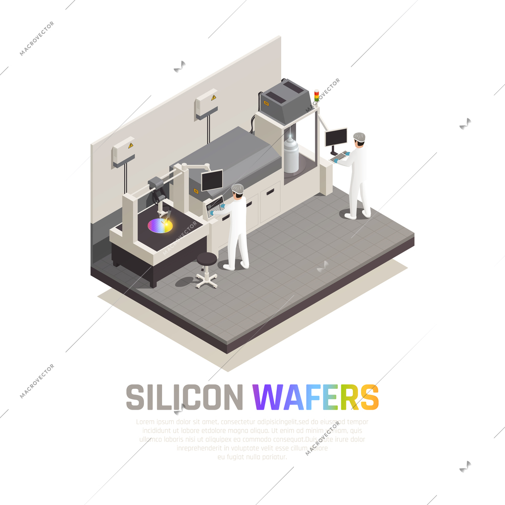 Semiconductor chip production isometric background composition with editable text and people operating hi-tech robotic manipulators vector illustration