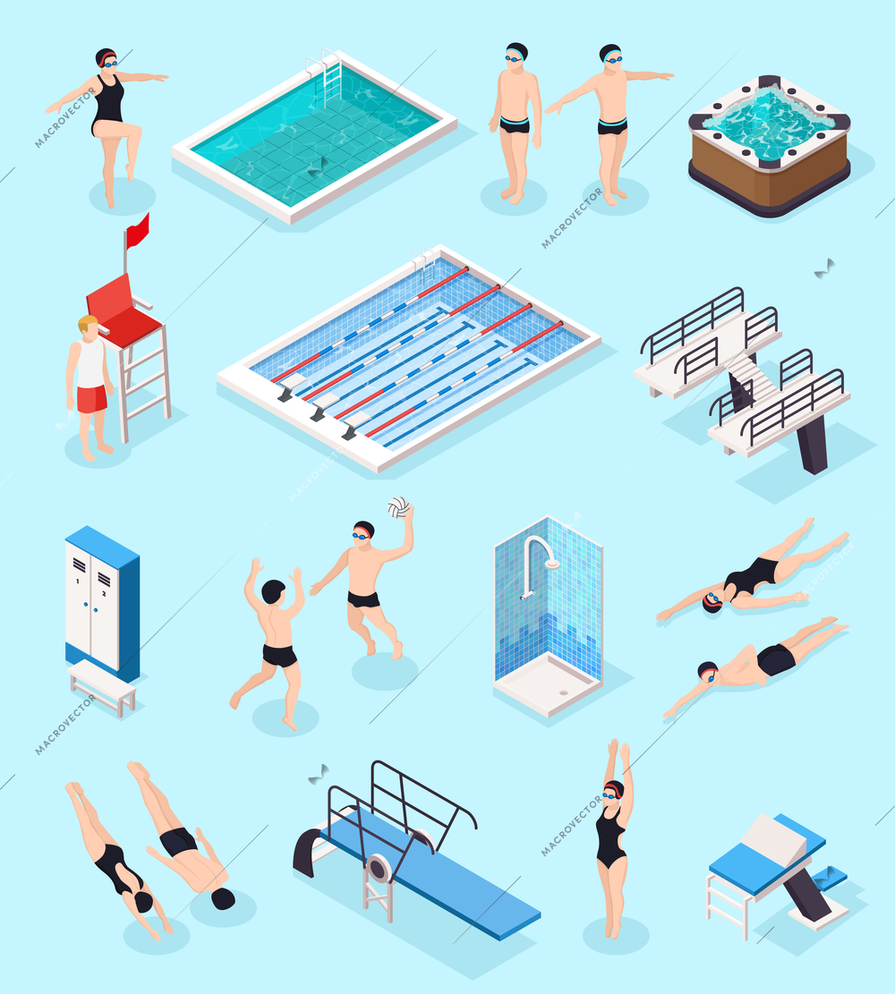 Swimming pool isometric set with equipment symbols isolated vector illustration