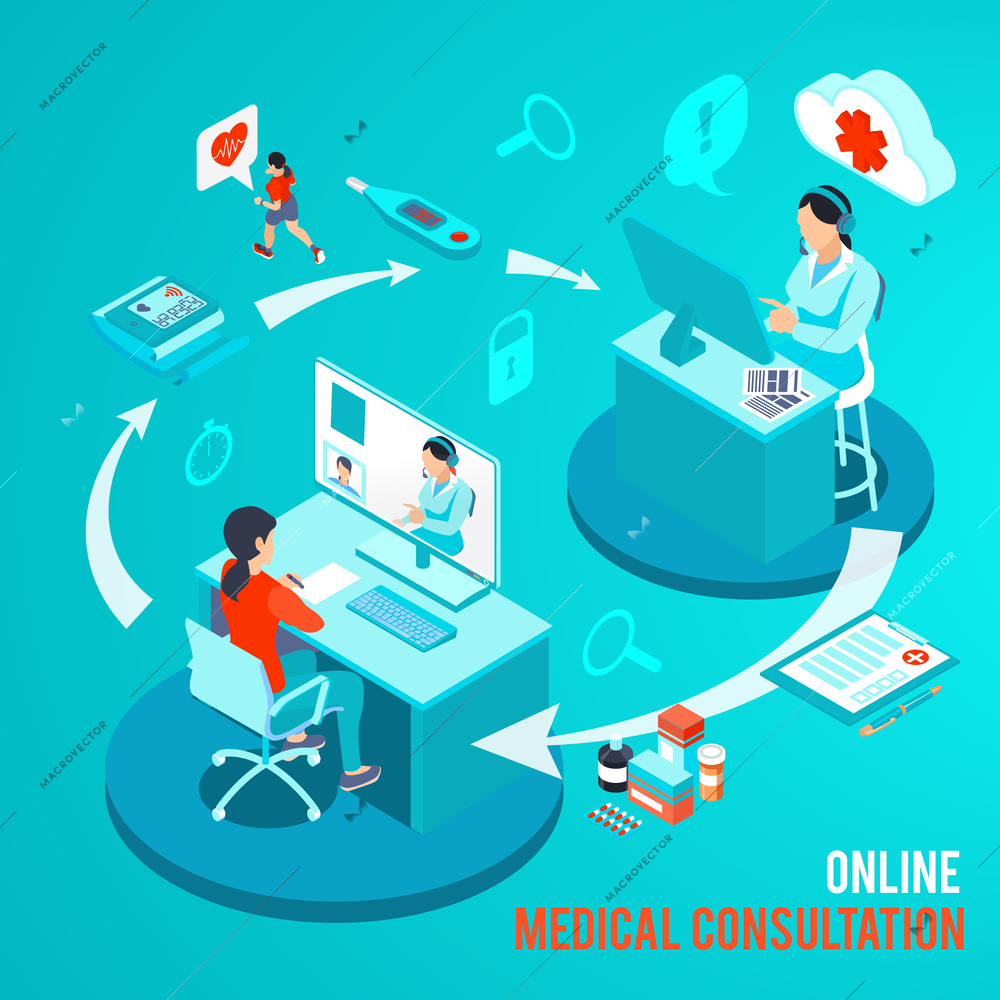 Doctor and patient during online medical consultation by computer on turquoise background isometric vector illustration