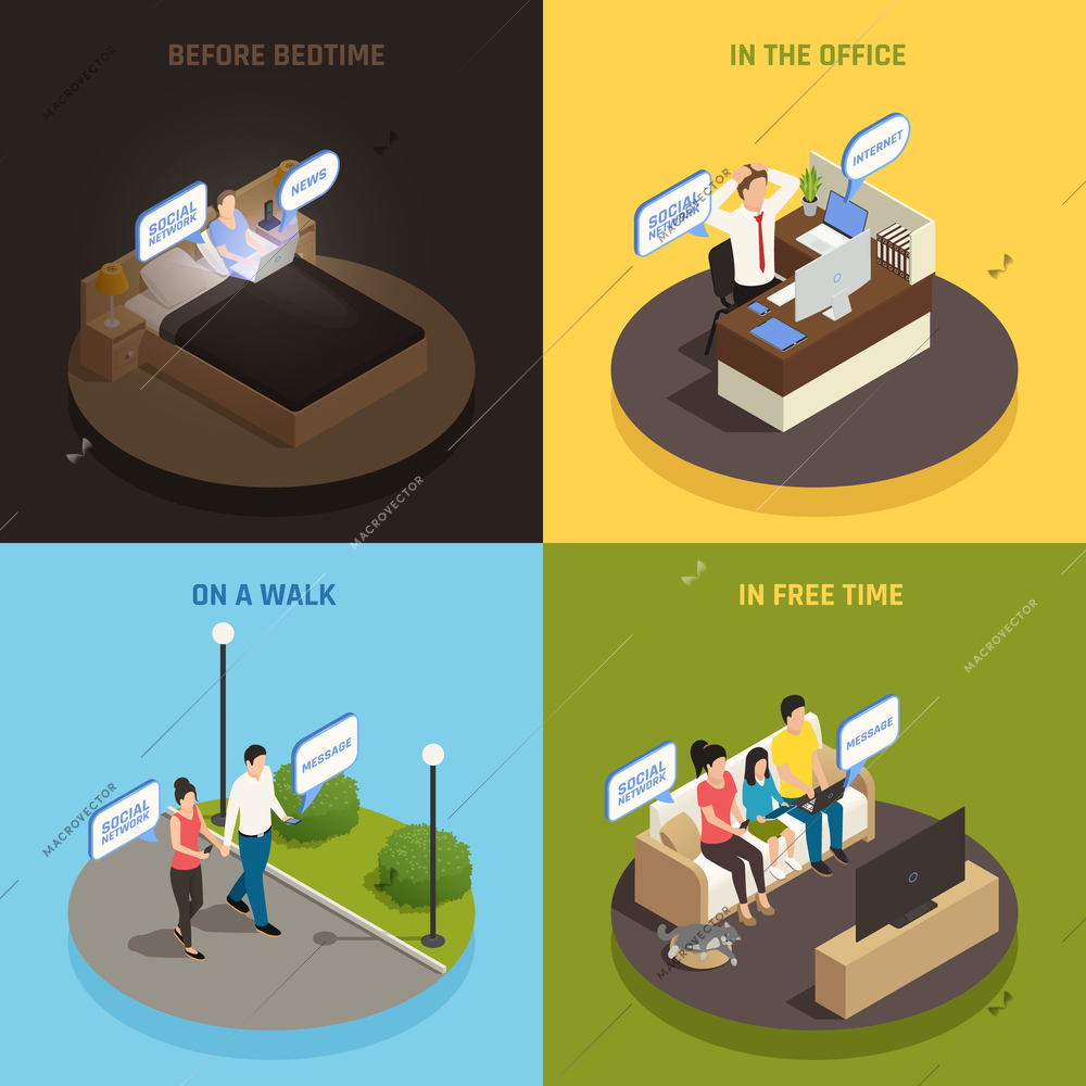 Internet smartphone gadget addiction isometric 2x2 design concept with people characters and devices in various situations vector illustration