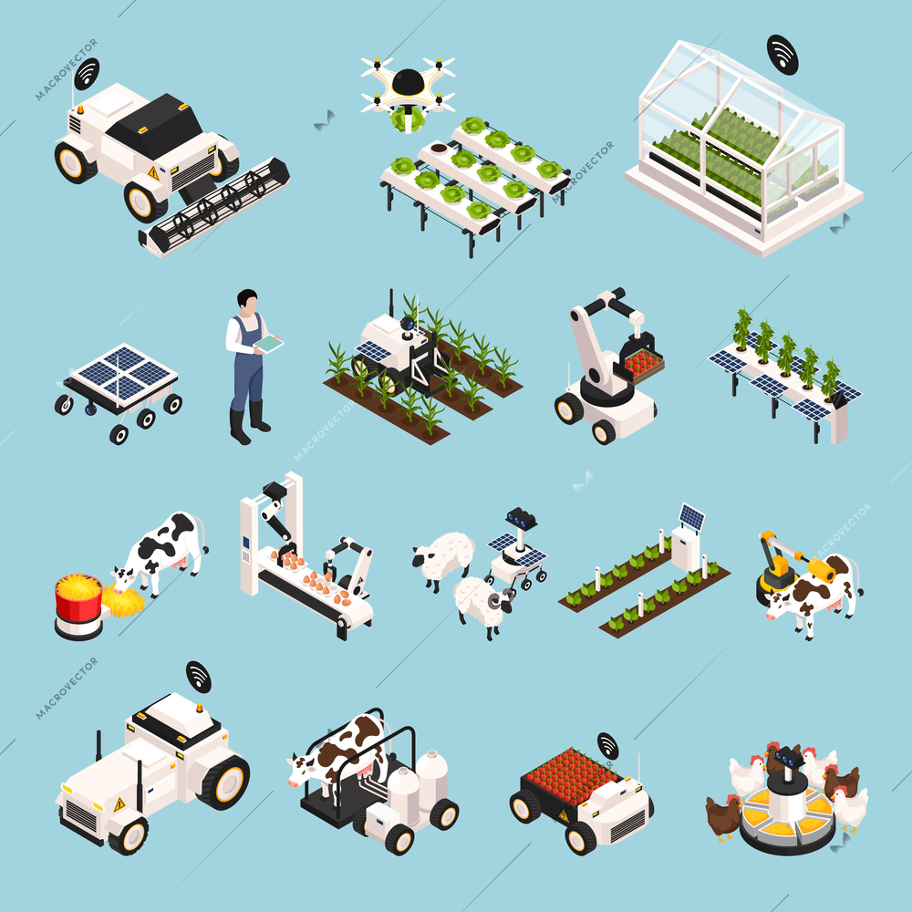 Smart farm set with technology symbols isometric isolated vector illustration