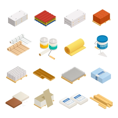 Construction materials isometric icons collection of sixteen isolated images with hardware and building supplies on blank background vector illustration