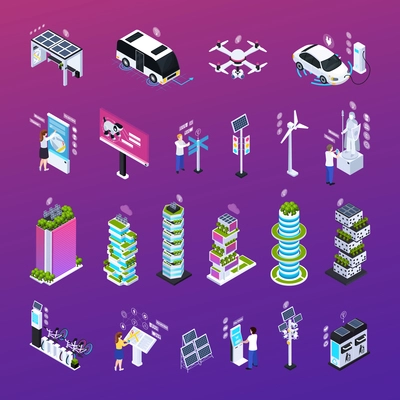 Smart city set with technology symbols isometric isolated vector illustration