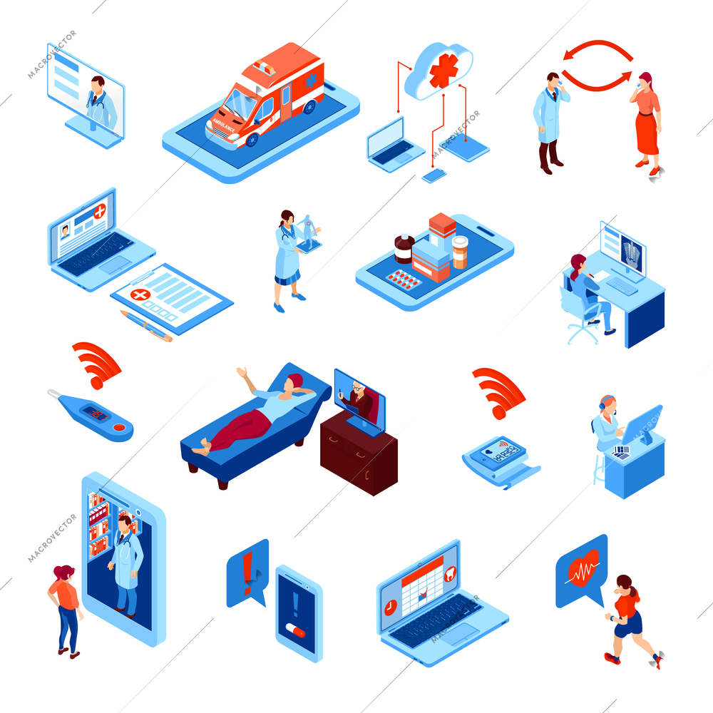 Online medicine isometric set with electronic devices for health monitoring and communication with doctor isolated vector illustration