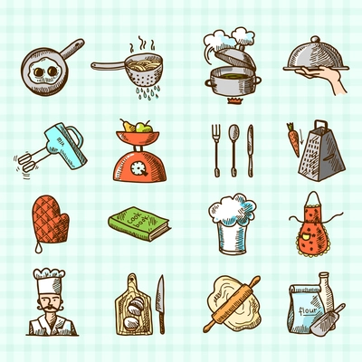 Cooking process delicious food sketch colored icons set isolated on squared background vector illustration