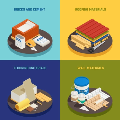 Construction materials isometric 2x2 design concept with editable text and images of building supplies and hardware vector illustration