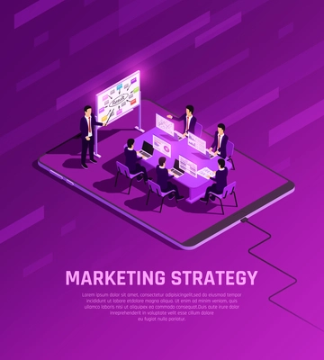 Marketing concept isometric glow composition with businessmen characters having presentation in meeting room with editable text vector illustration