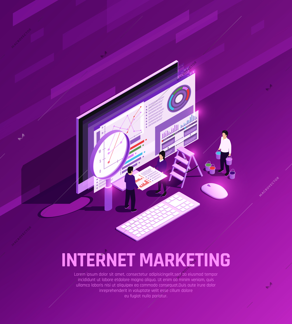 Marketing concept isometric glow composition with conceptual images of desktop computer elements magnifying glass and people vector illustration