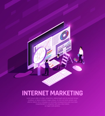 Marketing concept isometric glow composition with conceptual images of desktop computer elements magnifying glass and people vector illustration