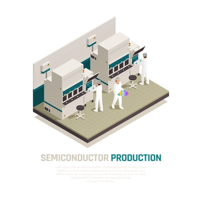 Semiconductor chip production isometric composition background with electronic silicon chip factory machinery facilities and human workers vector illustration