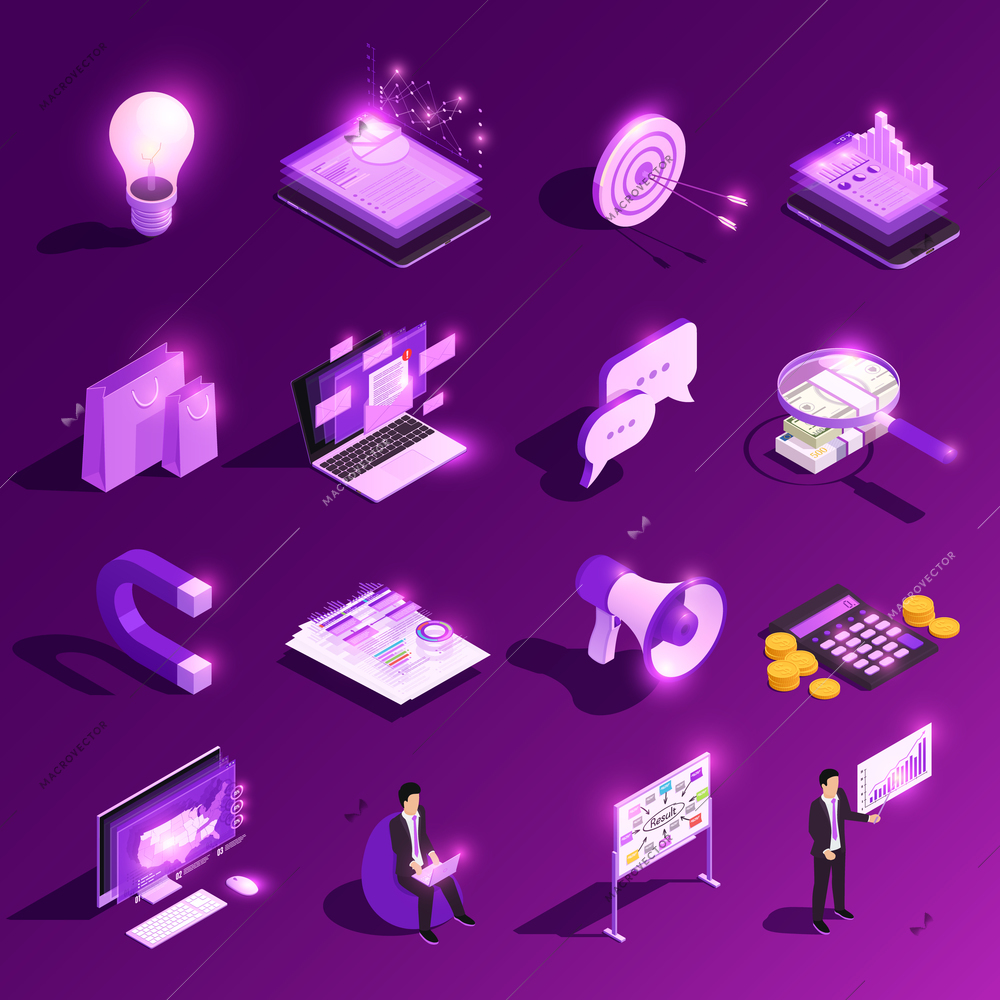 Marketing concept isometric glow icon set of isolated neon symbols and financial pictograms with human characters vector illustration