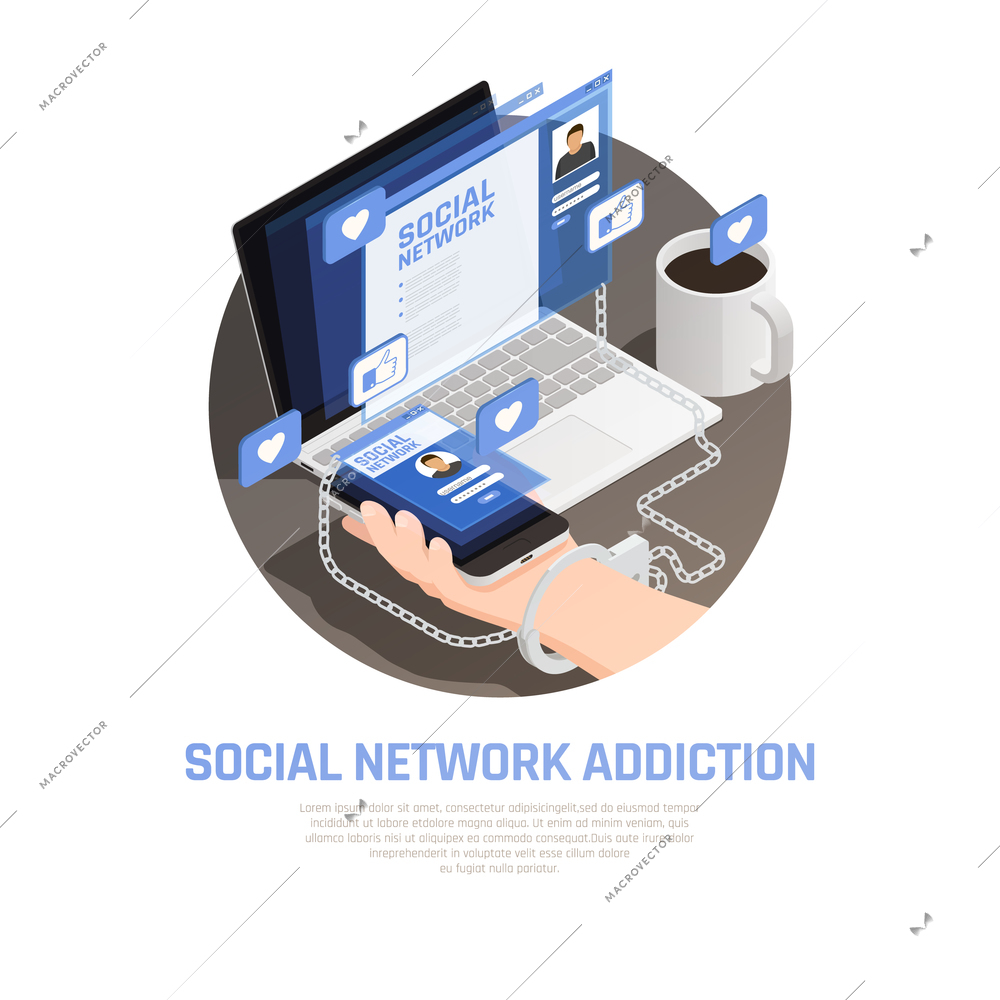 Internet smartphone gadget addiction isometric composition with images of electronic gadgets like pictograms and editable text vector illustration