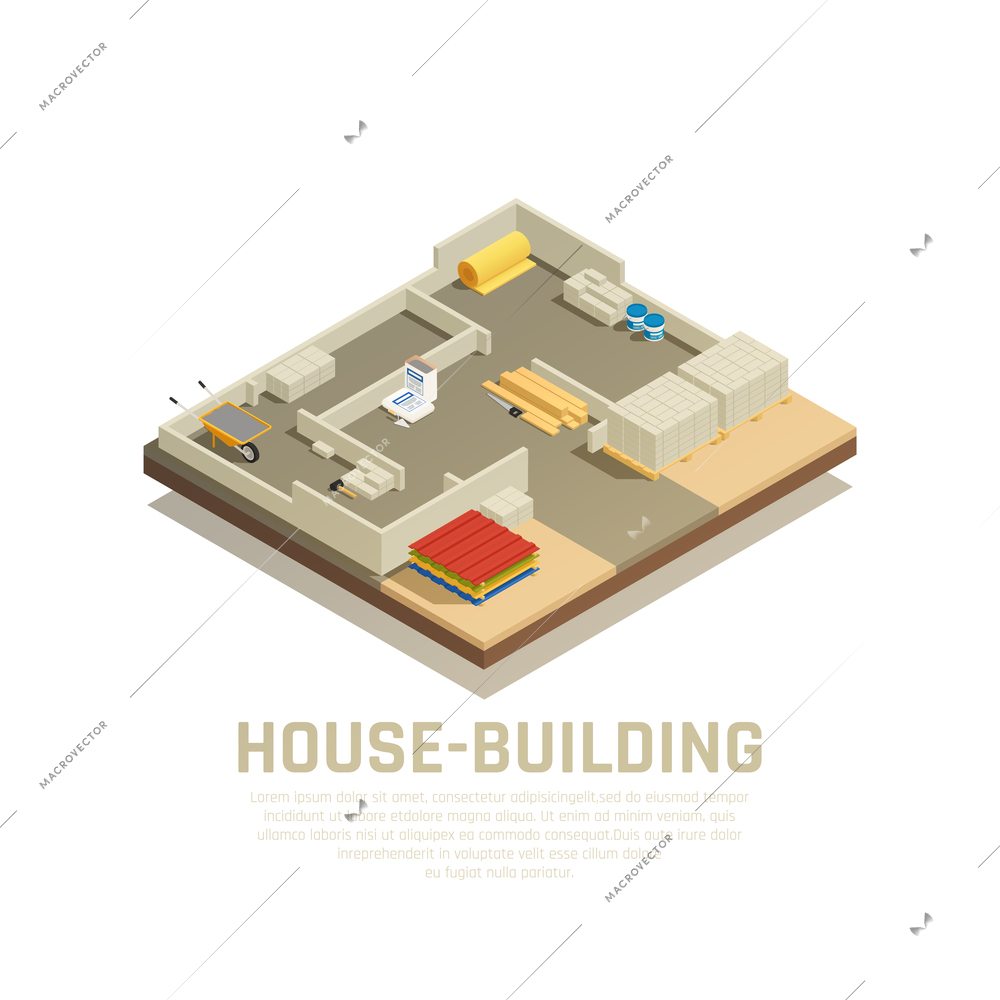 Construction materials isometric composition with editable text and view of building site at early stage of construction vector illustration