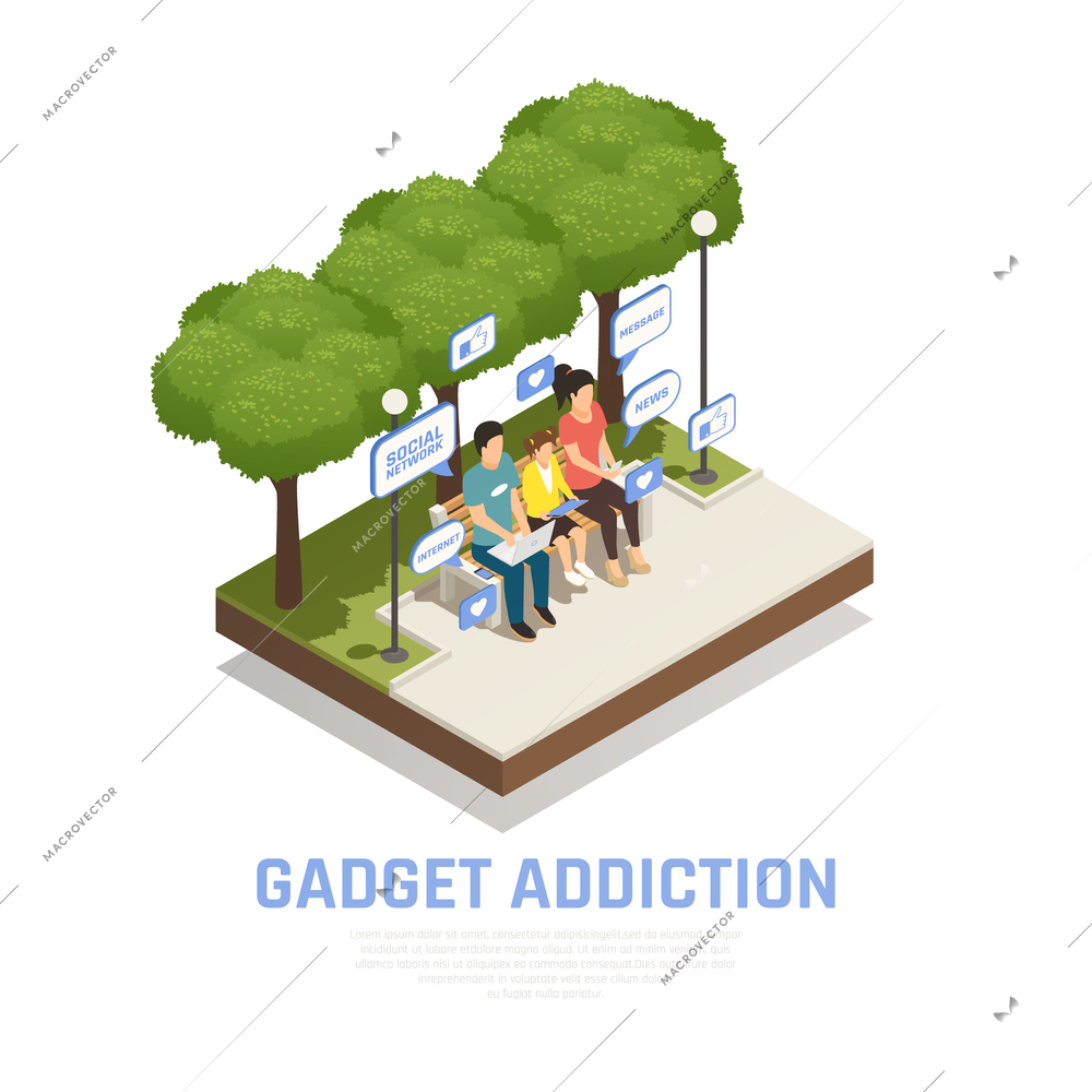 Internet smartphone gadget addiction isometric composition with outdoor scenery images and family with thought bubble pictograms vector illustration