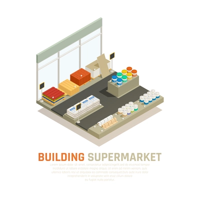 Construction materials isometric background with composition of hardware store shop display and building supplies for sale vector illustration