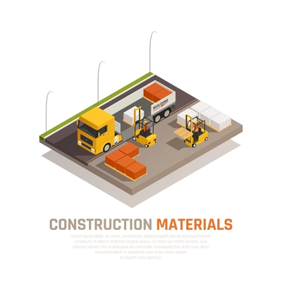 Construction materials isometric composition with building site and truck being unloaded by workers with editable text vector illustration