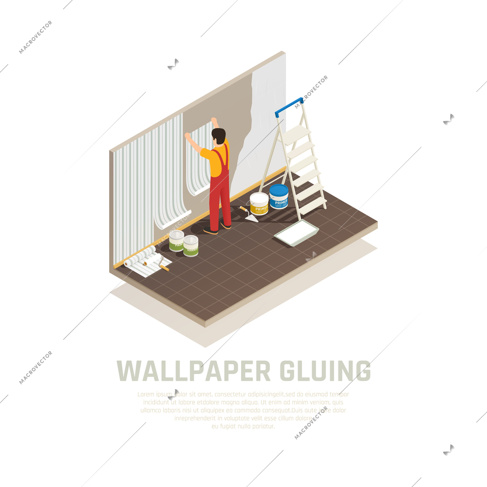 Construction materials isometric composition with editable text and human character of worker covering wall with paper vector illustration