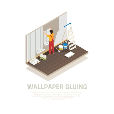 Construction materials isometric composition with editable text and human character of worker covering wall with paper vector illustration