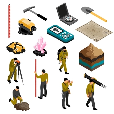 Geologist tools supplies gear accessories isometric icons set with minerals hardness kit map compass hammer vector illustration