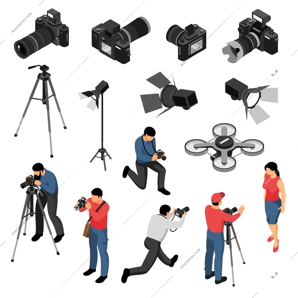 Professional photographer equipment isometric icons collection with studio portrait photo shoots camera light drone isolated vector illustration