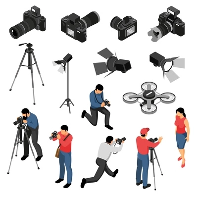 Professional photographer equipment isometric icons collection with studio portrait photo shoots camera light drone isolated vector illustration