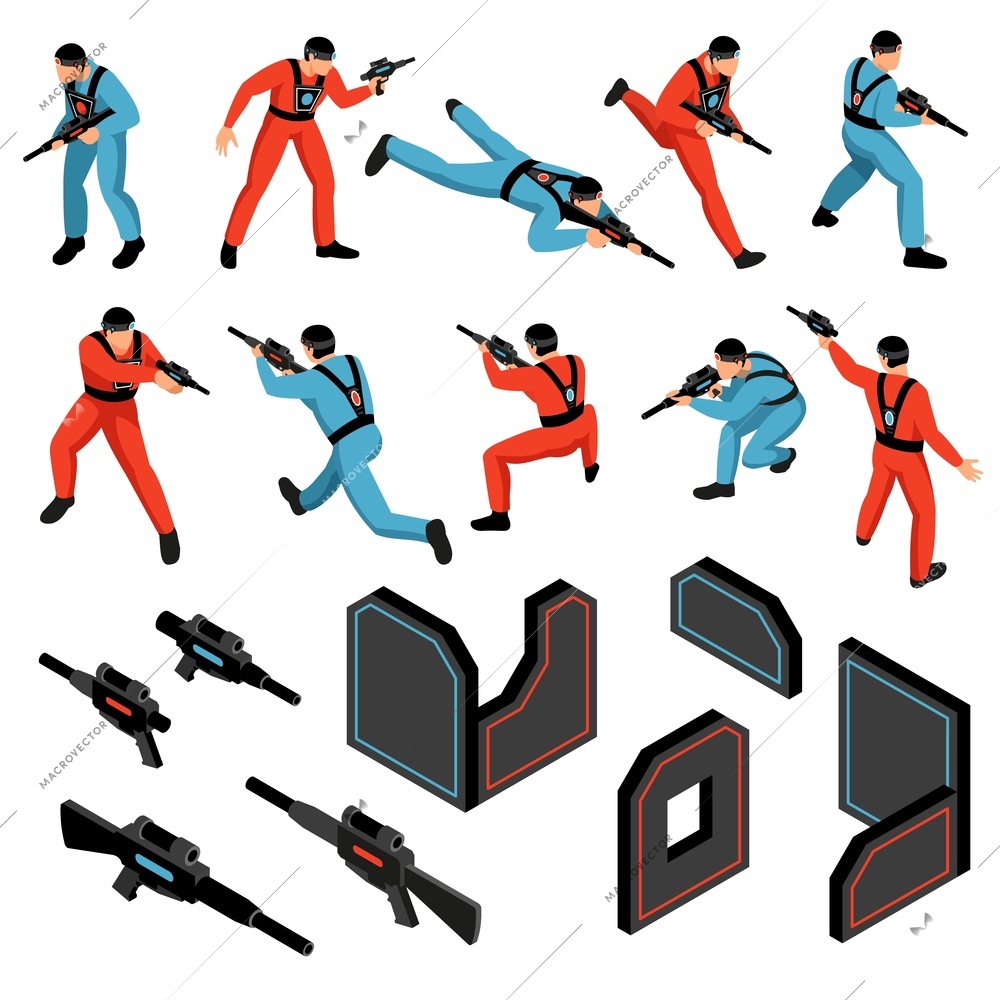 Laser tag game ammunition gear infrared sensitive targets vests guns players isometric icons set isolated vector illustration