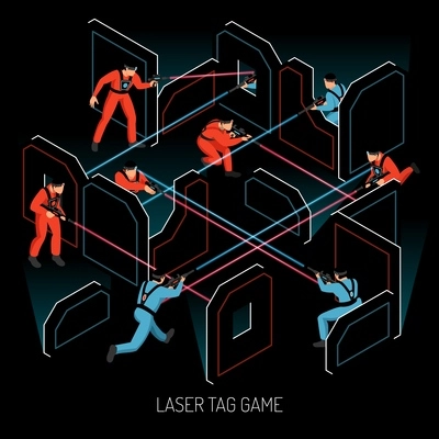 Laser tag real action kids team game isometric composition with players firing infrared sensitive targets vector illustration