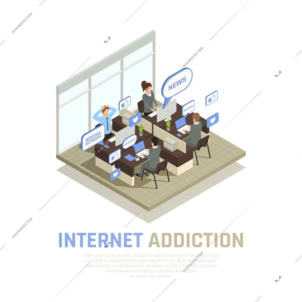 Internet smartphone gadget addiction isometric composition with view of cubicle office room with people and thought bubbles vector illustration