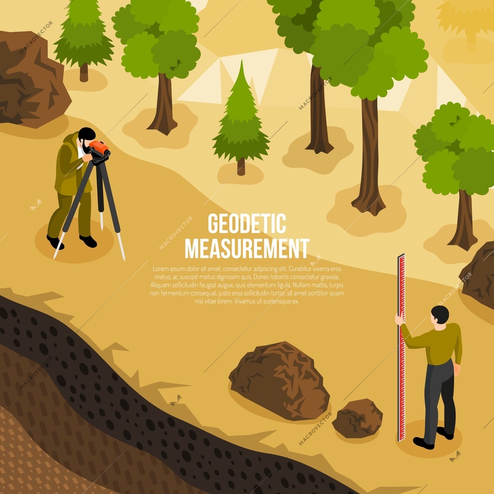 Geologist field work isometric composition with 2 men taking geodetic measurements of earth surface vector illustration