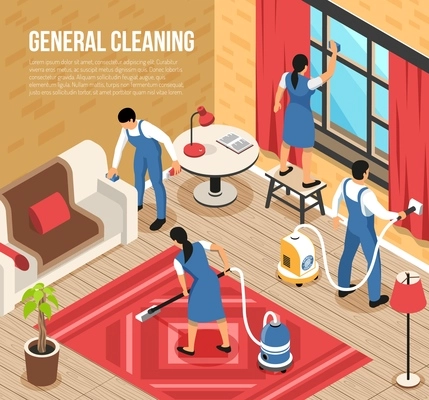 General house cleaning service isometric composition with professional team using industrial vacuum-cleaners quality squeegee vector illustration