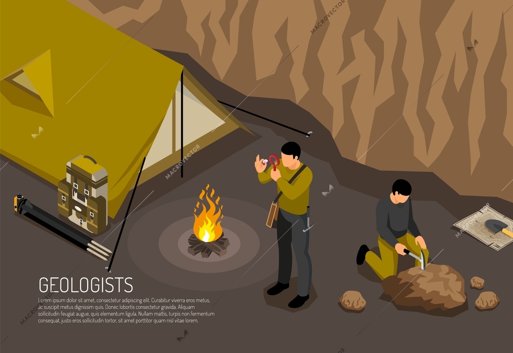 Geologists research fieldwork camp horizontal isometric composition with tent campfire rock samples exploration handtools kit vector illustration