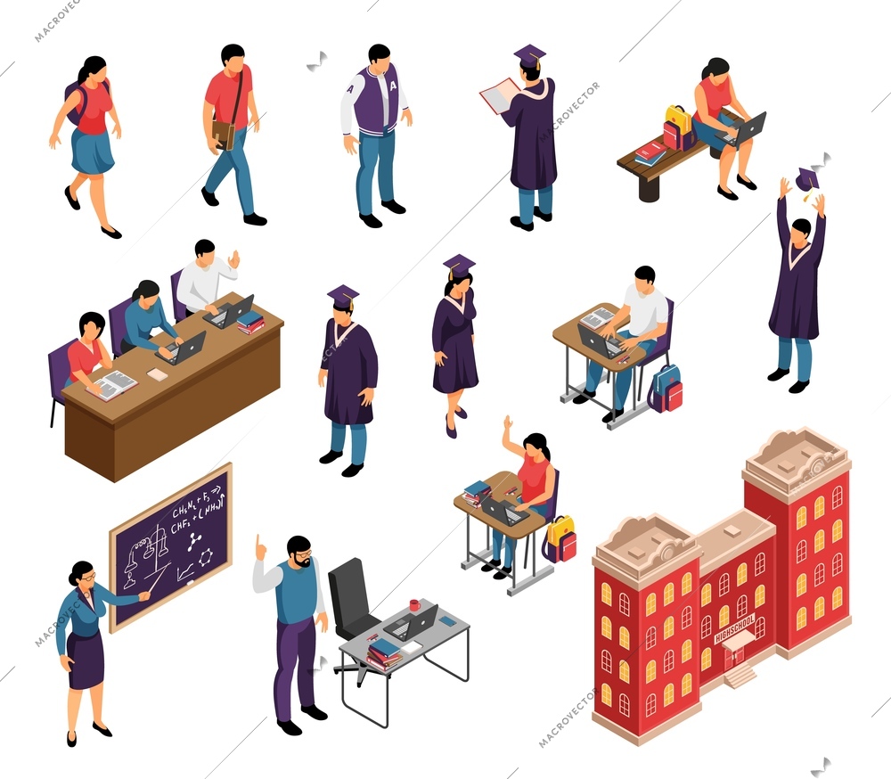 Education isometric icons set with private tutors university college students professors teachers lectures graduation building isolated vector illustration