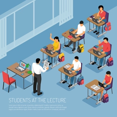 Higher education students taking notes at tutorial lecture participating in seminar seminar classes isometric composition vector illustration