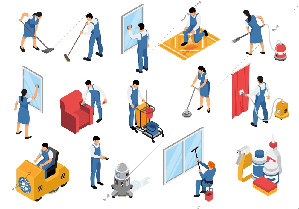 Cleaning service isometric icons set with professional industrial vacuuming furniture carpets refreshing stain removing isolated vector illustration