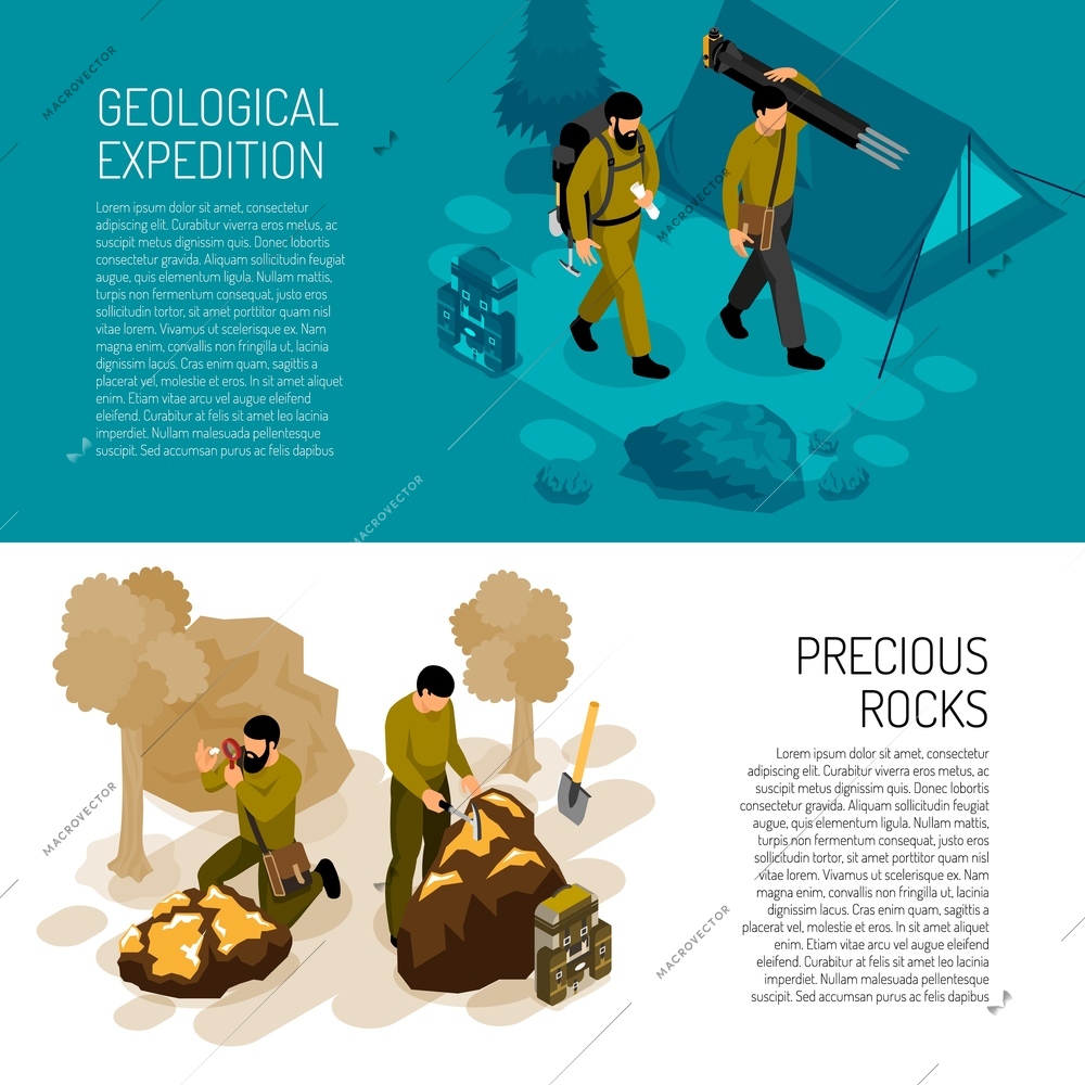 Geologist 2 isometric horizontal background banners with expedition fieldwork gear and rocks minerals testing kit vector illustration