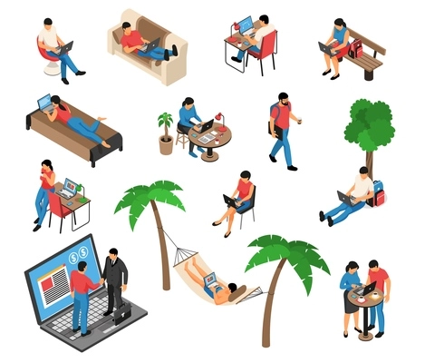 Freelancer remote creative job under tree in hammock home on sofa with laptop isometric set vector illustration