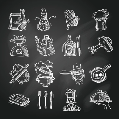 Cooking process delicious food sketch chalkboard icons set isolated vector illustration