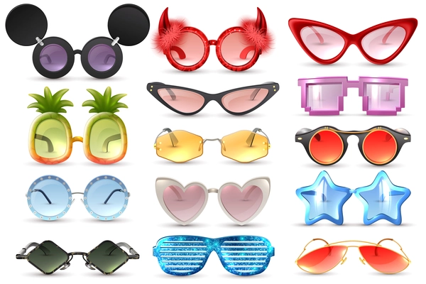 Carnival party masquerade costume glasses heart star cat eye shaped funny sunglasses realistic set isolated vector illustration