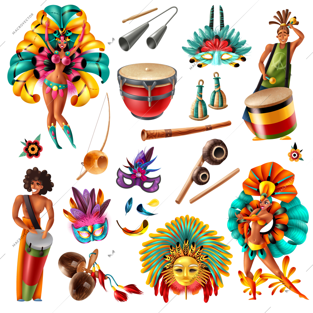 Brazilian carnival festivities  realistic colorful elements set with traditional musical instruments masks feathers costumes isolated vector illustration