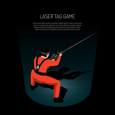 Laser tag game isometric advertising poster with player firing target with infrared beam black background vector illustration